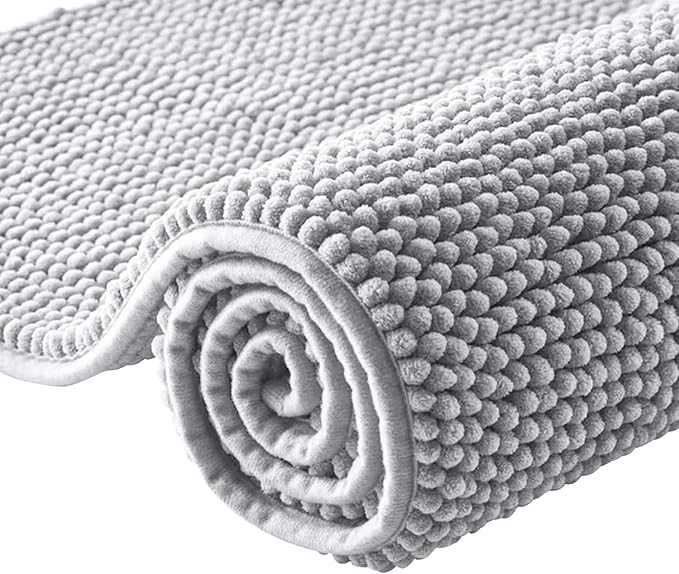 Moonlight Bedding Bath Mat Non Slip Anti Mould - Chenille Shower Mat Grey 40 x 60 cm Super Absorbent Bathroom Mat Machine Washable Extra Soft Fluffy Bathmat