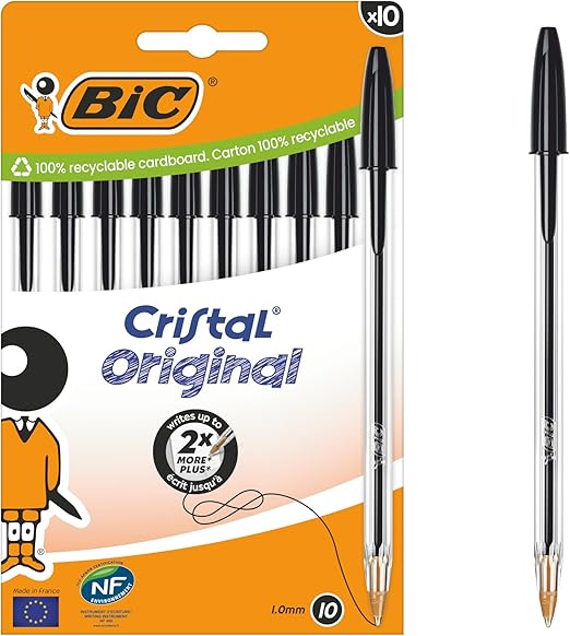 BIC Cristal Original Ballpoint Pens Medium Tip (1 mm) – Black, Box of 10