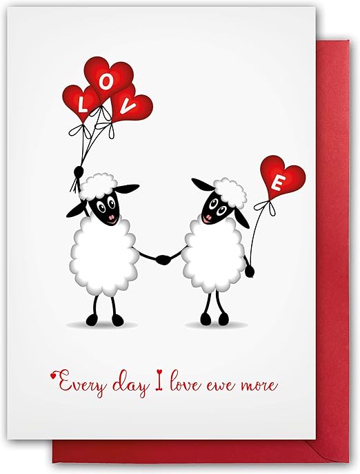 Valentines Card. Cute Sheep Design. Eco-Friendly. A5 Size. Valentine's Card with Red Envelope. Verse Inside. Printed and Packed in UK.