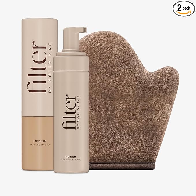Filter By Molly-Mae Sunkissed Bundle | Medium Self Tan Mousse | Fast Drying Streak Free Fake Tan | Bronzed Glow | Large Double Sided Velvet Soft Tanning Mitt | Perfect for Face and Body Application