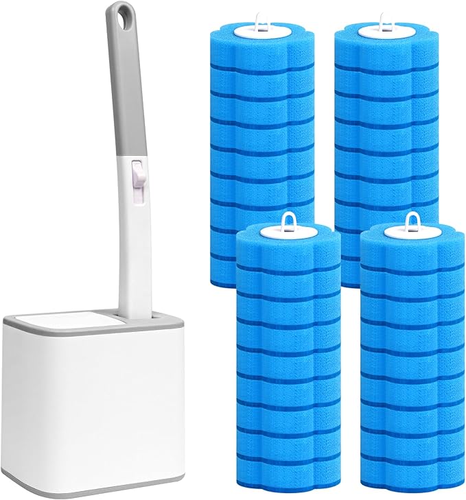 Newthinking Disposable Toilet Brush and Refills, Disposable Toilet Cleaning System, Bathroom Closestool Cleaning Wand Kit with Automatic Opening and Closing Holder