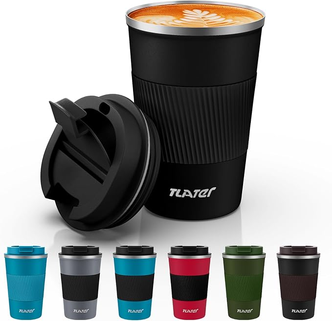 Tlater Coffee to go Mug, 380 ml, with Leak-Proof lid, Double-Walled, Stainless Steel, for Coffee and Tea (Black)