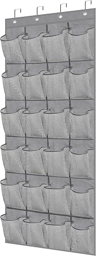 MISSLO Hanging Shoe Rack Over Door Shoe Storage Organiser Holder Tidy with 24 Large Pockets Organizer Mesh Shoe Hanger, Grey