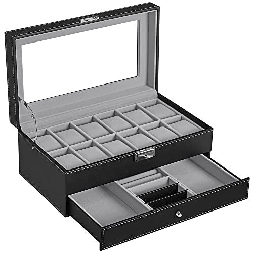 2-Tier Watch Box with 12 Slots, Jewelry Storage & Glass Lid