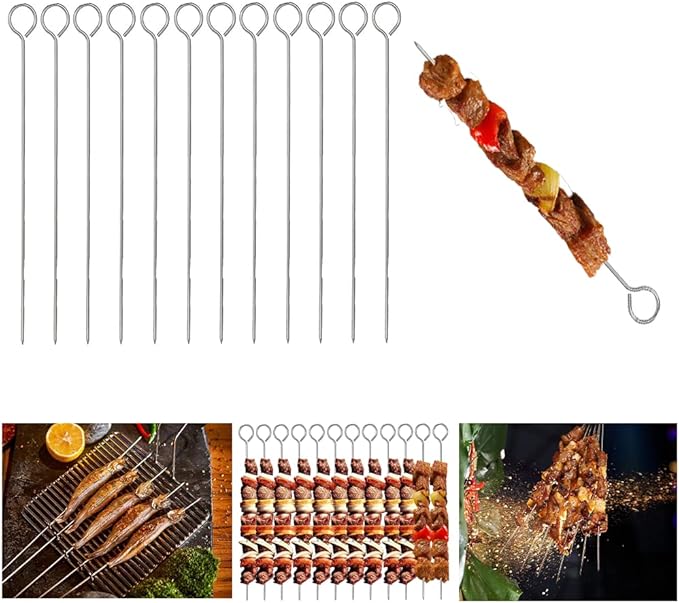 Ram® 12 X Metal BBQ Skewers Food Meat Kebab Skewers Grill Meat Cooking Barbecue Cooking Sticks PACK OF 12