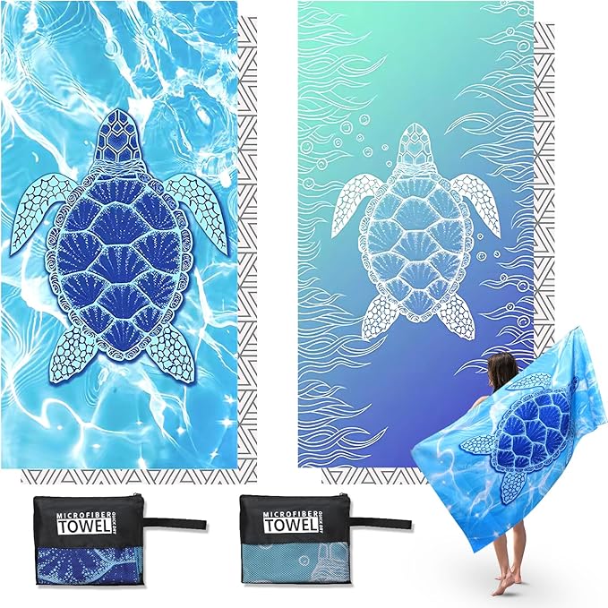 2 Pack Microfibre Beach Towels for Adults Extra Large, 180 × 90 cm Quick Dry Beach Towel with Double Side Print, Lightweight Beach Towel with Net Bag, Sand Free Microfiber Towels for The Beach