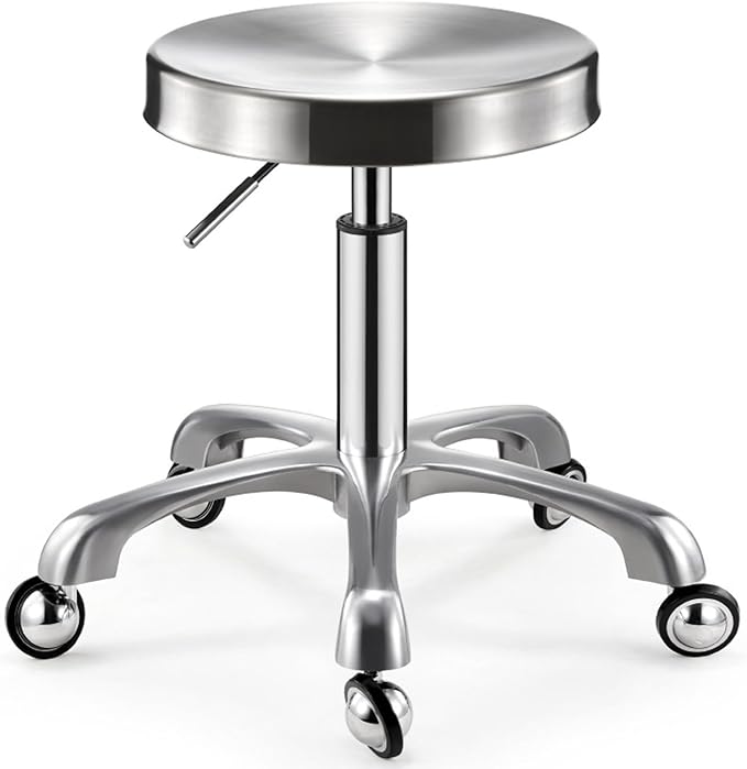 Stainless Steel Rolling Stool Solid Wheel Heavy Duty Drafting Swivel Stool Lift Chair For Bar Lab Office Barber Kitchen And Shop (Silver)