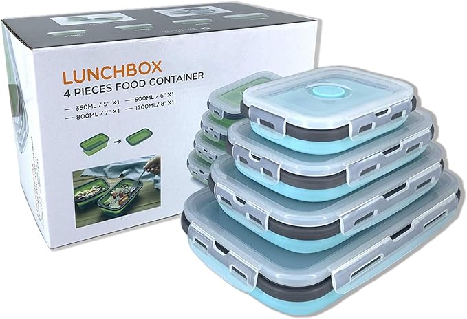 Collapsible Silicone Food Storage Container with Lid, Portable Lunch Bento Box Outdoor Picnic Box Space Saving, Microwave, Dishwasher and Freezer Safe, Set of 4(Blue & Grey) …