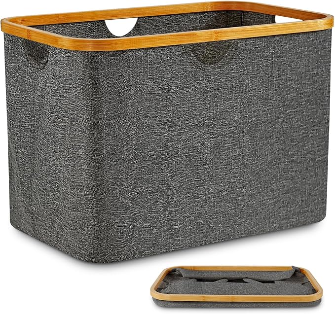 Collapsible Laundry Washing Baskets Light Grey Bamboo Cloth Fabric 68L Large Foldable Wash Clothes Storage Ironing Basket Folding Space Saving Laundry Hamper