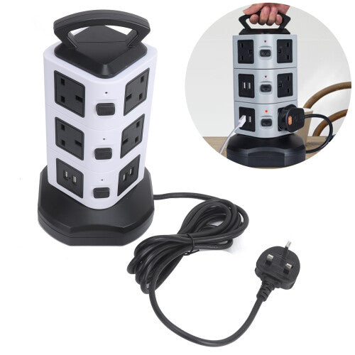 Switched Surge Extension Lead Plug Tower Multi 10 Socket 4 USB Port