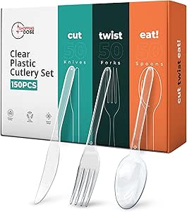 150-Pack Clear Plastic Cutlery Set – Heavy Duty Reusable Plastic Spoons, Knives and Forks Set (50 Each) – Strong, Washable Party Cutlery for Weddings, Catering, BBQs & Events