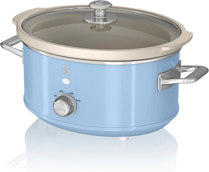 Swan SF17021BLN Retro Slow Cooker with 3 Temperature Settings, Keep Warm Function, Removable Pot, Up to 4 Portions, 3.5L, 200W, Retro Blue