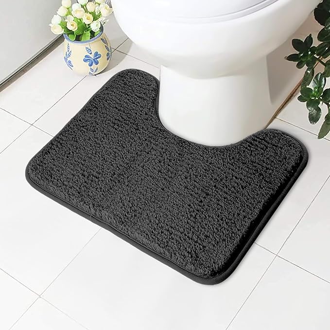 AUAUY Absorbent Toilet Mat, Non Slip Extra Soft Bathroom Pedestal Mat, Microfiber Fluffy Shaggy Toilet Rug, Machine-Washable Quick Dry Bath U-shape Thick Toilet Rug for Bathroom, 50x40cm(Dark Grey)