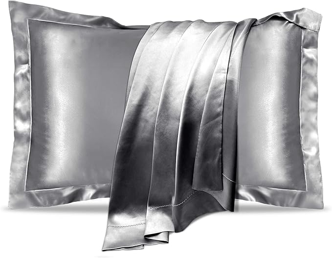 UQQU 2 Pack Natural Mulberry Silk Pillowcase for Hair and Skin Health, Standard Size 50 x 75 cm Pillow Case, Soft Smooth Cooling Premium Grade Silk Pillow Covers for Sleeping (Grey)