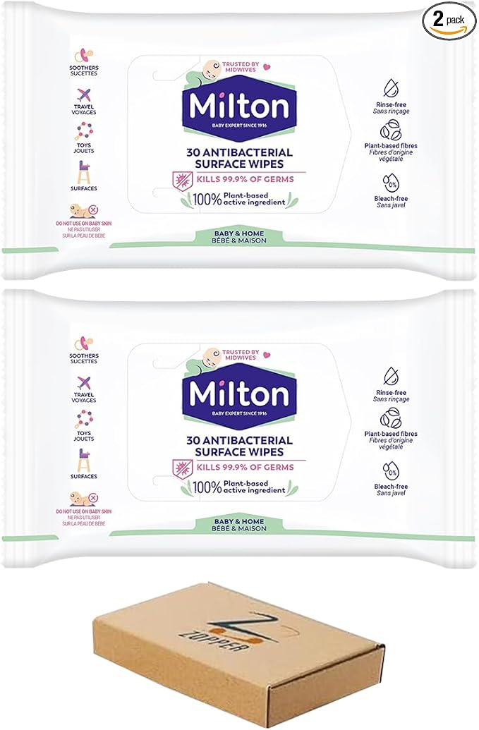 ZOPPER Milton Antibacterial Surface Wipes (2 x 30 Wipes) Baby Safe Disinfectant for Toyas Soothers & Highchairs Plant Based No Rinse Formula