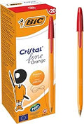 BIC Orange Fine Ballpoint Pens, Fine Point (0.8 mm), Red Ink, Box of 20 - Writing Pens with Long-Lasting Ink