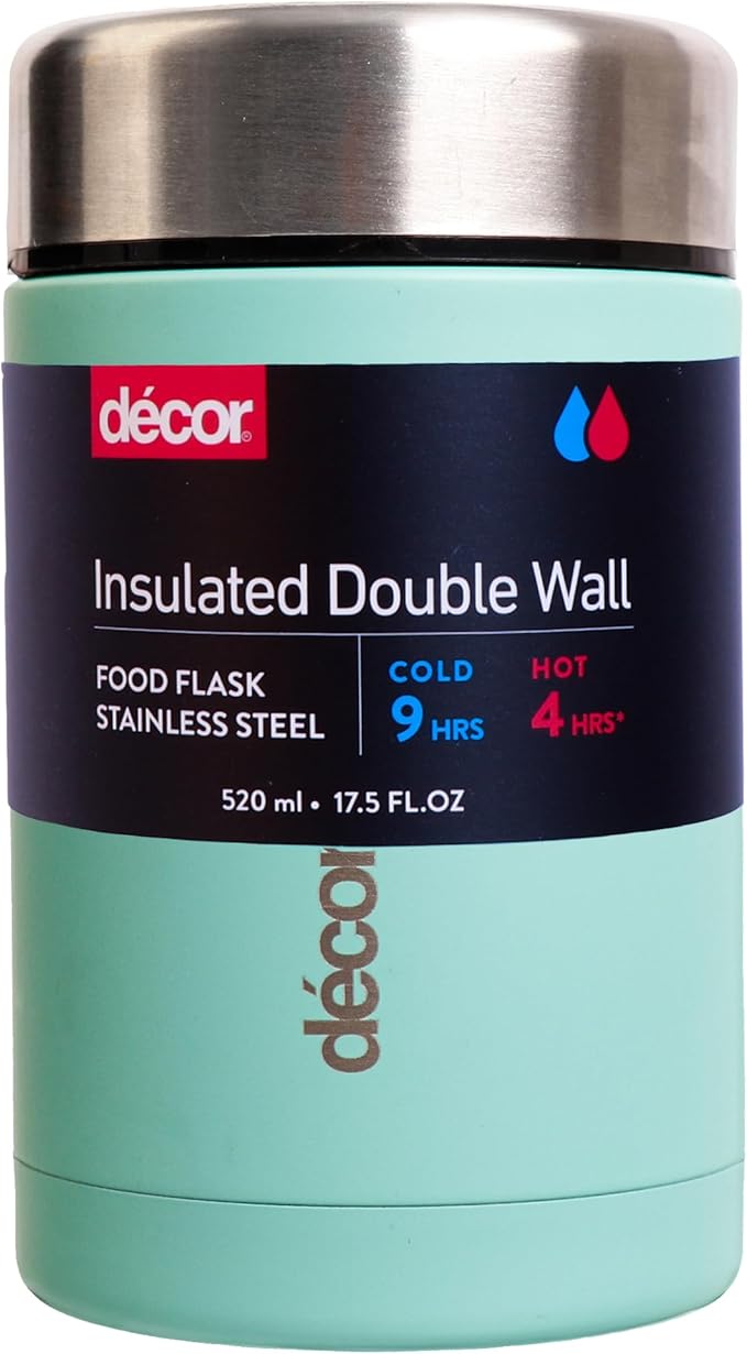 Décor Vacuum Insulated Food Flask, Stainless Steel Food Flask, Ideal for Coffee, Porridge, Soups, Leak-Proof, Durable & Reusable, Keeps Food Hot for 4 Hours & Cold 9 Hours, Mint or Pistachio 520ml
