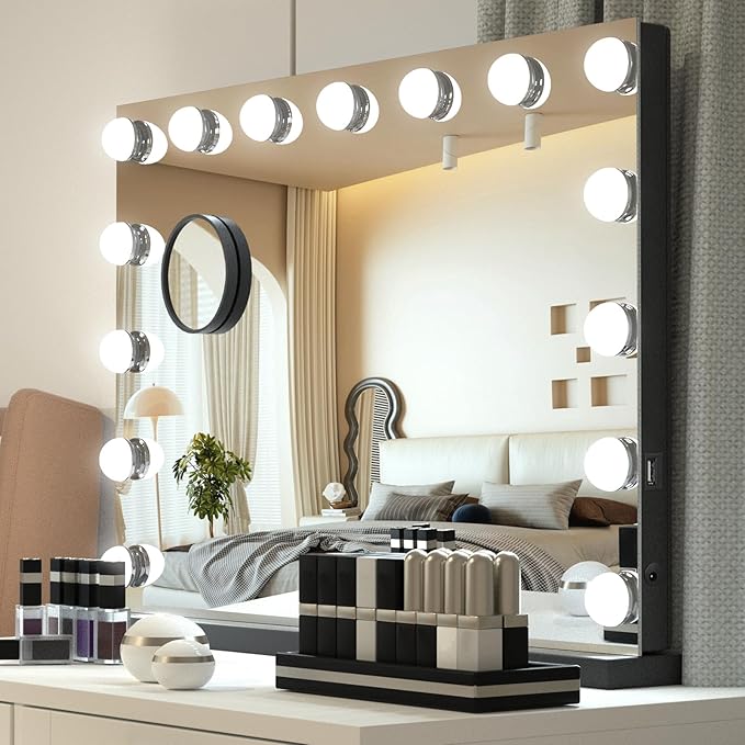 YOURLITE Hollywood Vanity Mirror with Lights, 58×45cm Lighted Makeup Mirror with 15 Dimmable LED Bulbs, 3 Lighting Modes, Touch Screen Control, Tabletop and Wall Mounted for Bedroom, Black