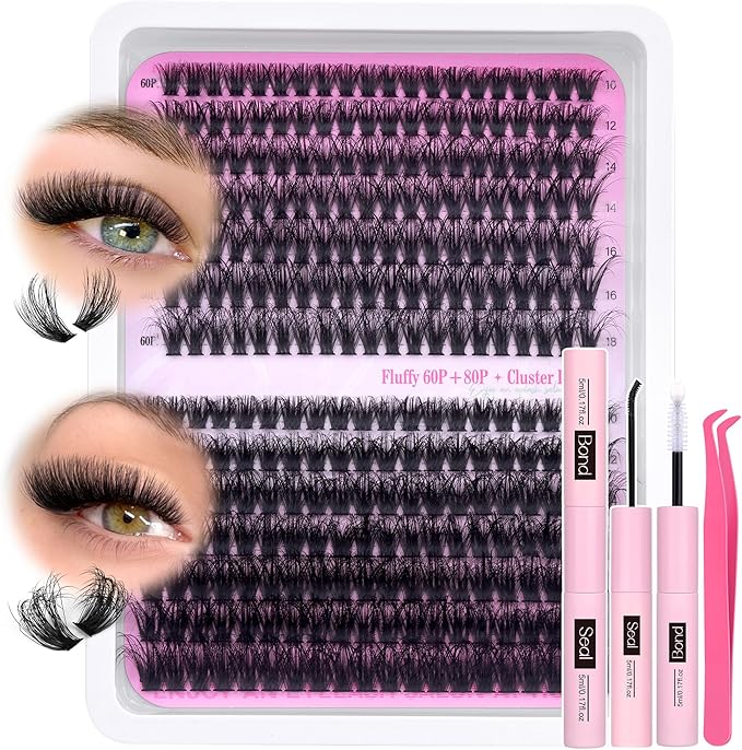Fluffy Individual Eyelashes Kit 280Pcs Clusters Lashes Kit DIY Lash Extension kit Russian D Curl Lashes Individual Cluster with Lash Bond and Seal Lash Glue,Tweezers (60+80P, 10-18mm Mix)