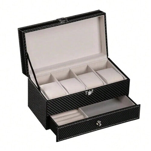 (D) Watch Box PU Leather Jewelry Organizer Travel Display Case for Men /Women,4 Slots Magnetic Top,Black