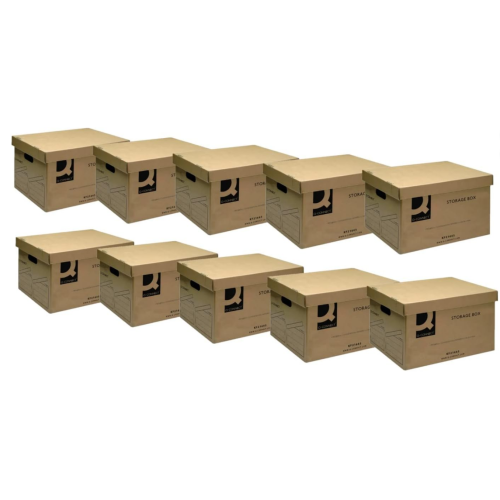 Brown Cardboard Storage Boxes - Pack of 10 - Q-Connect Archive Filing Boxes for Documents