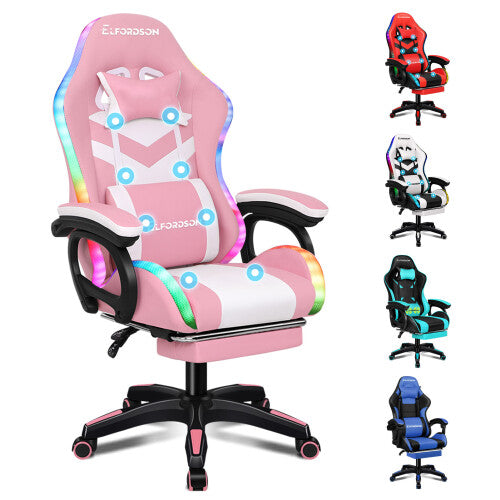 (LED Marc - Pink & White) ELFORDSON Gaming Office Chair 12 RGB LED Massage Footrest