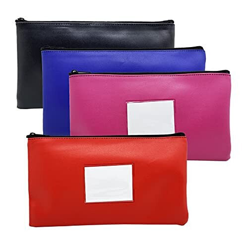 Bank Deposit Money Bag Pouch 4 Pack â€“ Leatherette Securit Vinyl Zipper Wallets with Framed ID Window & Blank Card (11x6 in)
