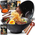 8-Inch Large Ceramic Ramen Bowl Set of 2 (9 Piece) - Microwave & Dishwasher Safe Porcelain Japanese Salad Noodles Cereal Fruit Pasta Soup Bowls with Recipes Chopsticks Forks Spoons for Men Women Gift