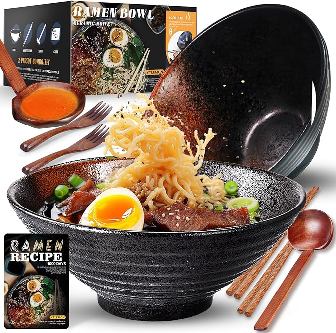 8-Inch Large Ceramic Ramen Bowl Set of 2 (9 Piece) - Microwave & Dishwasher Safe Porcelain Japanese Salad Noodles Cereal Fruit Pasta Soup Bowls with Recipes Chopsticks Forks Spoons for Men Women Gift