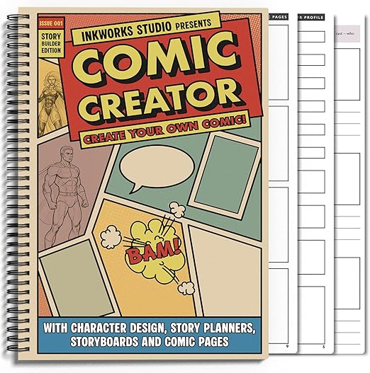 ComicCreator - Create Your Own Comic Book in a Comic Book Drawing Kit - Learn How to Draw and Structure a Cartoon/Anime inc. World, Character & Story Planning w/Blank Panels. Drawing Gifts for kids