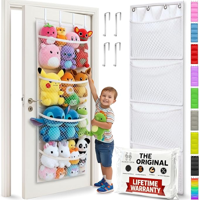 Honeyera The Original Stuffed Animal Storage (Patented) - Over Door Organizer for Stuffies, Baby Ideas Holder, Toy Plush Hammock Hanging Net Big Girls Toddler Large Bag Animals Stuffy