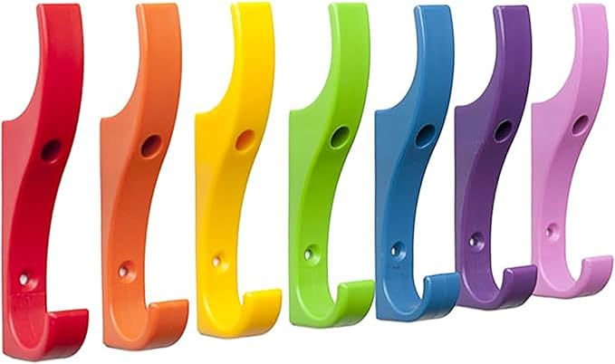 Toughook Original Unbreakable Hooks 10 Pack (Rainbow) Tough Heavy Duty Plastic Hook. Wall Mounted Pegs for Bathroom, Kitchen, Bedroom, Bag, Hat, Coats. Kid-Friendly Design for School, Home & Office