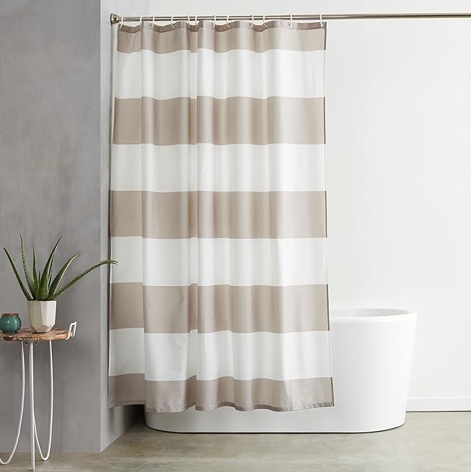 Amazon Basics Shower Curtain, Water and Mould Resistant Fabric Bathroom Curtain with Grommets & Hooks, Machine Washable, 183 x 183 cm, light green Striped