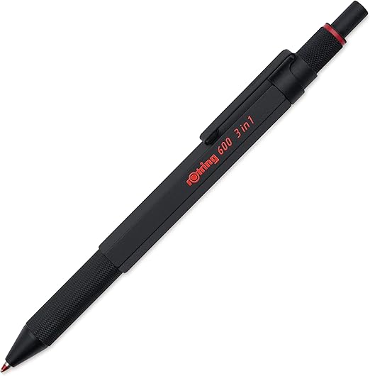 rOtring 600 3-in-1 Multicolour Pen and Mechanical Pencil | Black & Red Ballpoint Pen Tips | 1 Mechanical Pencil Tip (0.5mm) | Black Barrel