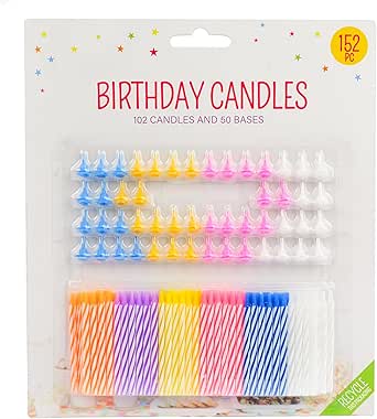 152pcs Decorative Birthday Cake Celebration Candles Set with Easy to Use Holders, Angel Flames, Assorted Striped Spiral Multi Coloured Birthday Party Candles, 102 Candles and 50 Bases