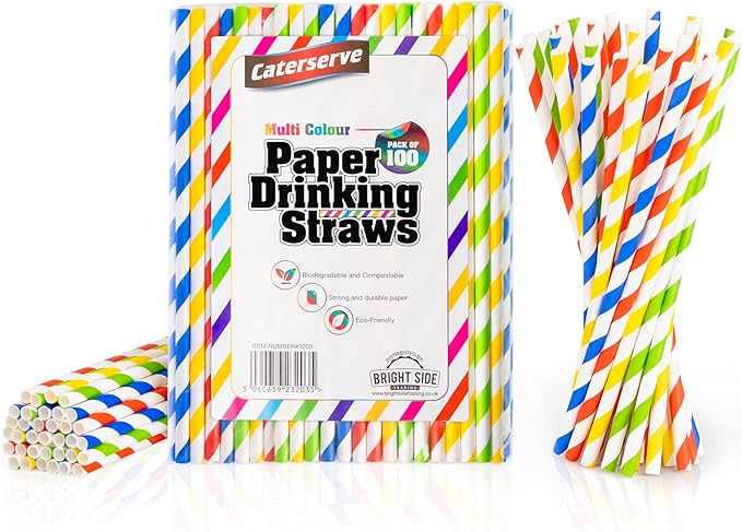 100 Paper Straws Multicolored - Eco-Friendly Alternative to Plastic Straws 100% Biodegradable and Compostable - Perfect for Drinking, Cocktails, and Parties Multicolour