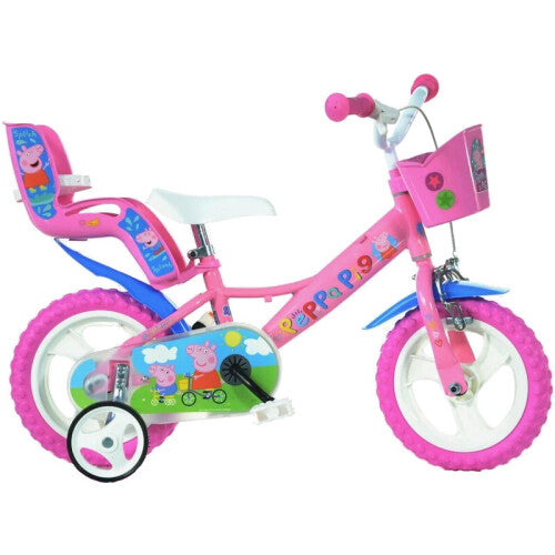 Dino Peppa Pig Pink Girls Bike with Doll Carrier - 12" Mag Wheels