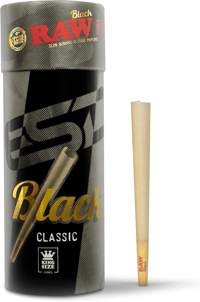 RAW Black Cones King Size | 50 Pack | Natural Pre Rolled Rolling Paper Pressed Extra Fine for Thin, Slow Burning, Naturally Translucent Paper with Tips & Packing Tubes Included