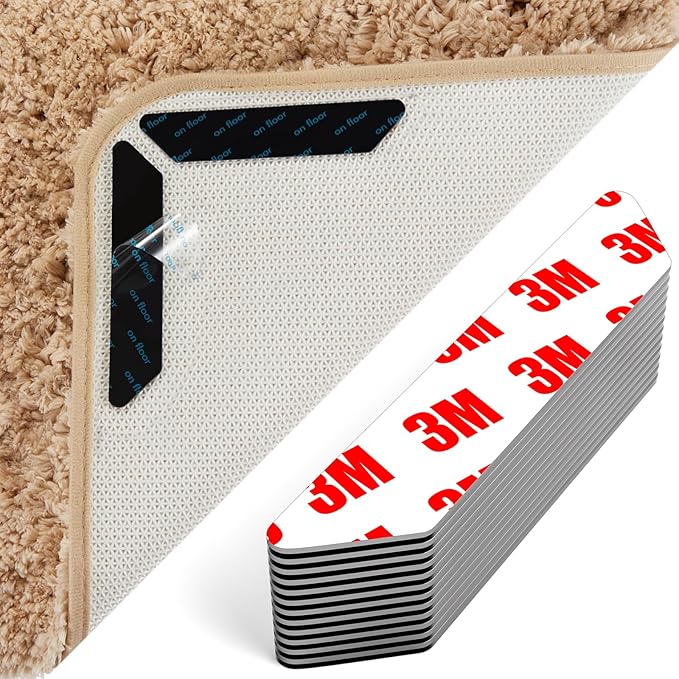 12 Anti-Slip Rug Grippers for Laminate/Wooden/Tile Floors | Washable Reusable Carpet Underlay with Stickers | Secure Rugs on Stairs & Doorways (Hard Floor Non-Slip Gripper Pads)