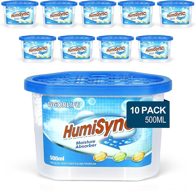 Moisture Absorber Pack of 10 500ml Dehumidifier Tubs, Condensation Remover for Damp, Mould, Dehumidifiers for Home, Attracts Extra Moisture From Bathroom, Kitchen & Wardrobe, Blue