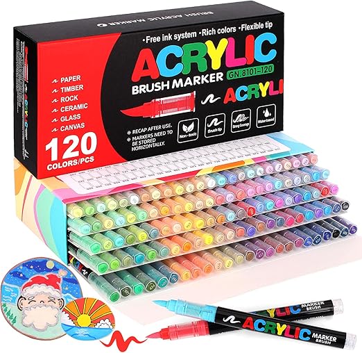Laconile 120 Colours Accrylic Paint Brush Markers Set -Paint Pens Acrylic Markers for Rock Painting Cermic Glass Stone Metal Fabric, Water-based Acrylic Paint Pens with 1-5MM Flexible Brush Tip