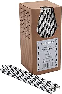 8 Inch 6mm Bore Paper Straw - Black & White Striped Pk 250
