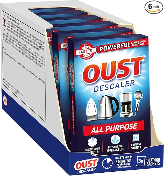 Oust Powerful All Purpose Descaler, New Formula, Limescale Remover – Ideal for Kettles, Coffee Machines, Irons and Shower Heads, 3 Sachets x 6 (18 Sachets Total)