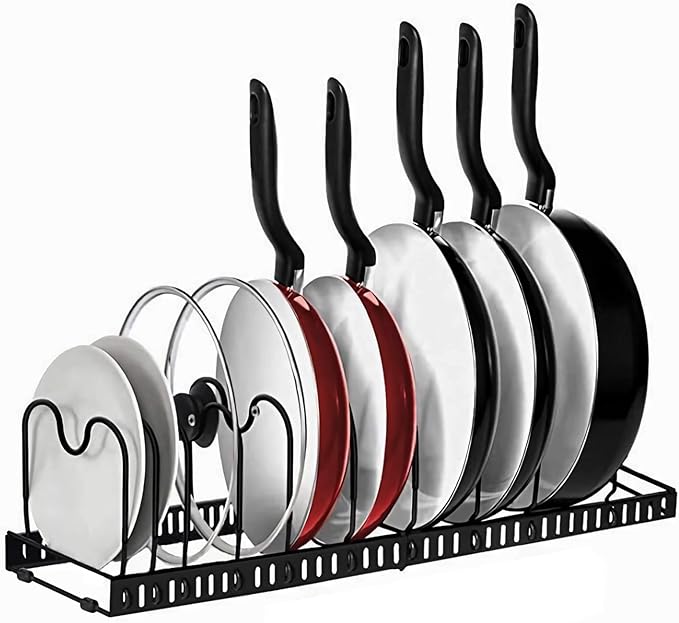 Expandable Pans Organiser Rack, Pan Lid Storage with 10 Adjustable Dividers, Pot Lid Holder, Kitchen Cupboard Organiser (Black)