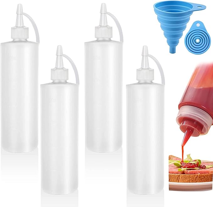 4 Pcs Squeeze Condiment Bottles with Twist On Cap Lids, 200ML Multipurpose Squirt Bottles Squeezy Sauce Bottle for Sauce, BBQ, Paint and Olive Oil (Come with Funnel)