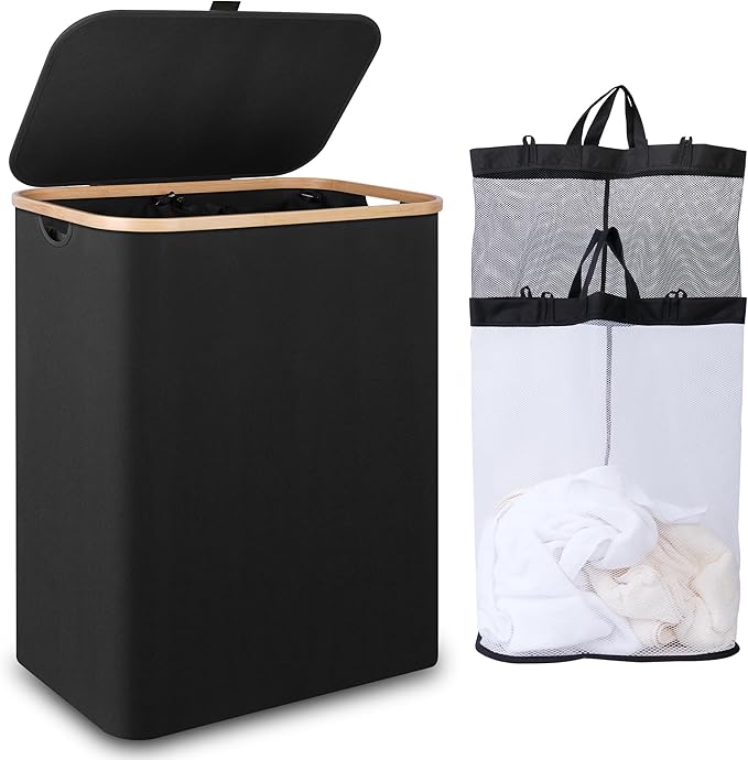Large Laundry Basket with Lid 150L, Double Laundry Baskets with Removable and Washable Inner Bags, 2 Compartments Foldable Washing Basket for Drity Cloth Toys Towels Storage (Black)