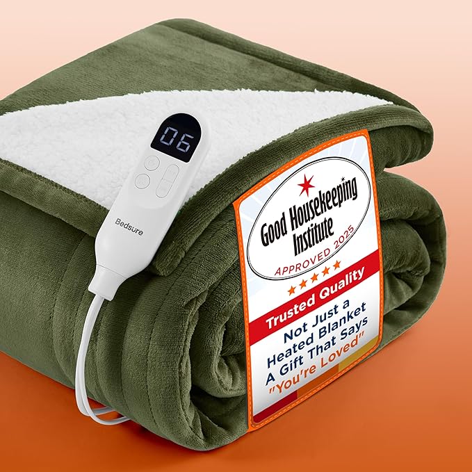 Bedsure Electric Blanket Heated Throw - 6 Heat Levels & 10 Timer Settings, Ultra-Soft Flannel & Sherpa Fast Heating Throw, 130x160cm, Overheat Protection, Green