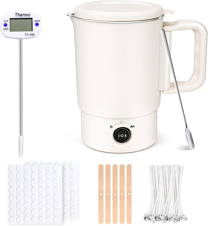 Electric Wax Melting Pot, Non-Stick Wax Melter Kit with Spout & Lid, 800ML Wax Melter for Candle Making Soap Included Thermometer, Wicks, Wick Stickers, Centering Device, Stirring Spoon- UK Plug