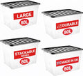 4 X 80L Large Plastic Storage Box with Black Lid - Strong Stackable Storage Boxes 80 Litres - Home, Office, Kitchen, Nestable Storage Containers | Made in UK (80 Litre / 4 Pack)