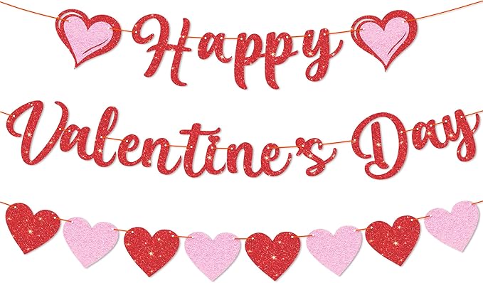 Happy Valentine's Day Banner and Red Pink Glittery Hearts Banner Valentine's Day Banner Garland Valentines Day Party Decorations for Valentines Wedding Anniversary Engagement Party Supplies
